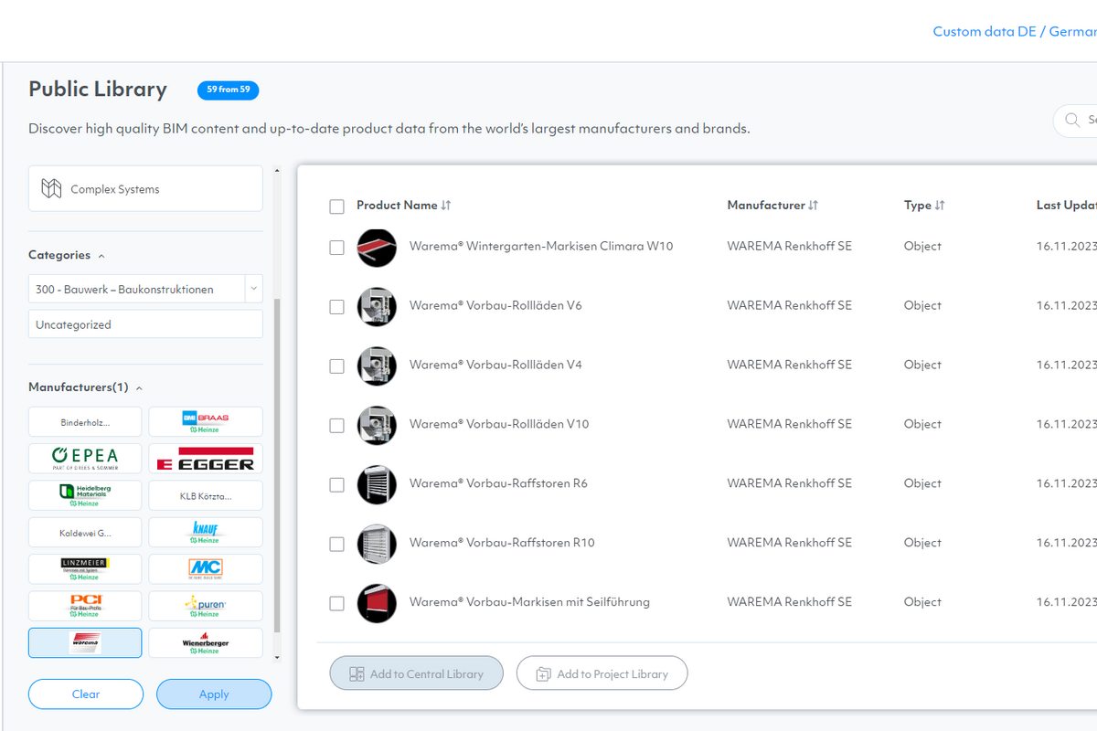 BIM-Content-Management: Warema & Werkbank